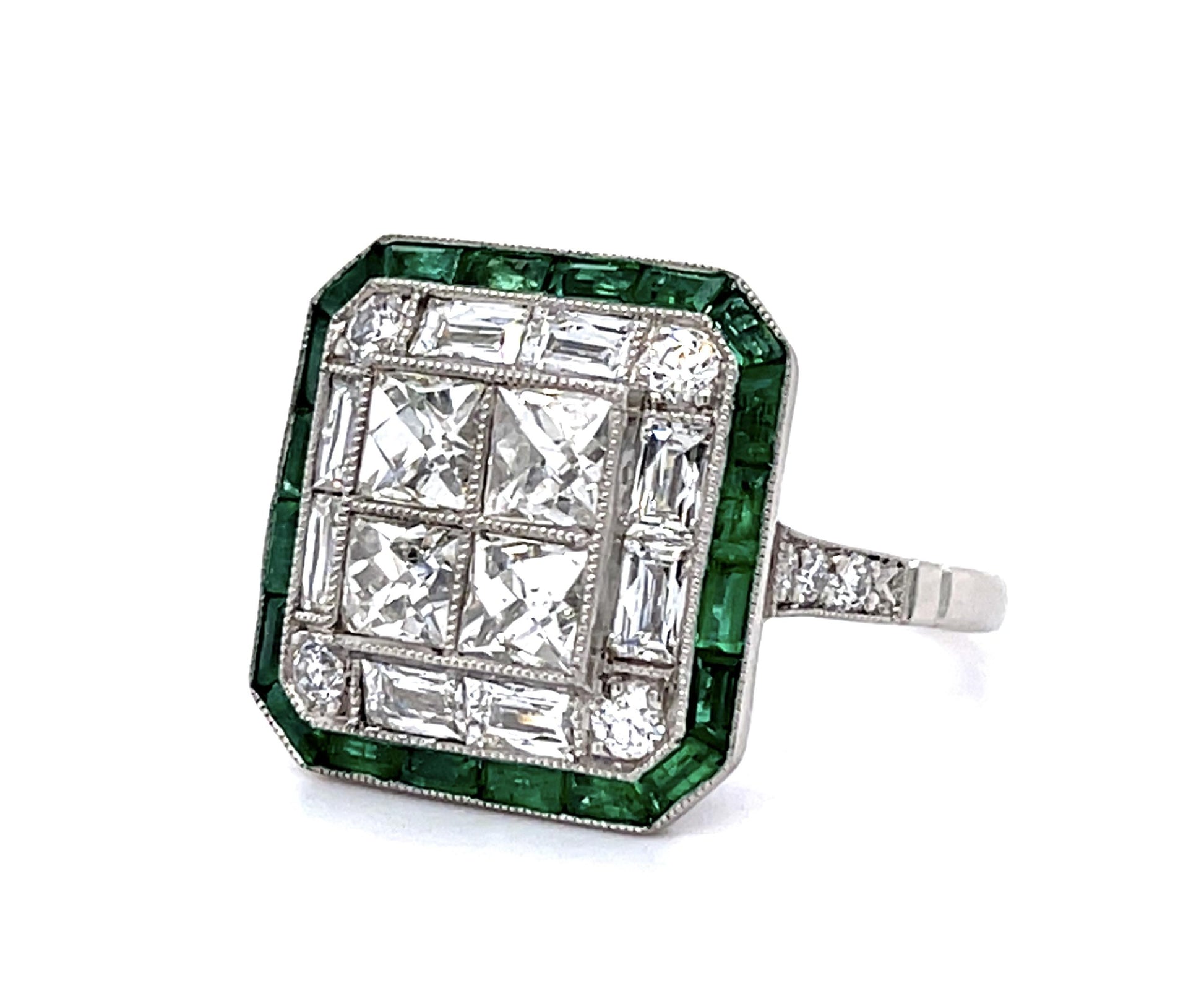 1.51ct Center Antique French Cut Diamond 1ct Emeralds Platinum Handmade Ring