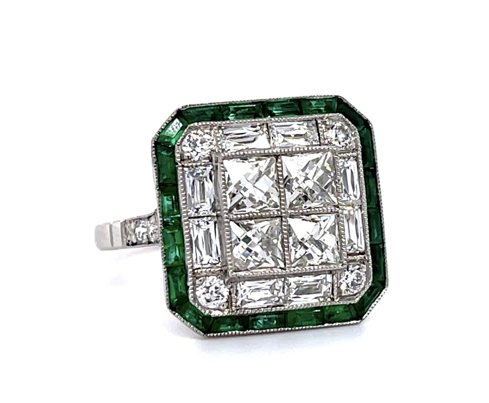 1.51ct Center Antique French Cut Diamond 1ct Emeralds Platinum Handmade Ring