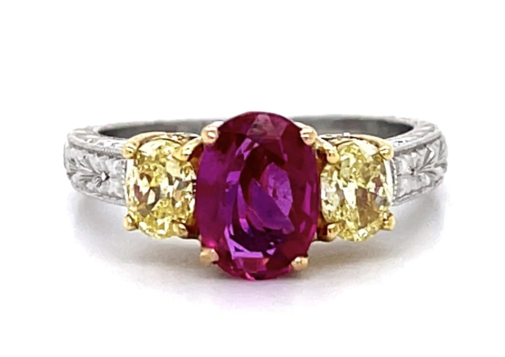 1.33ct Burma Unheated Rby .50ctw Fancy Yellow Dia PT18K 6.90gr Ring # 22055580