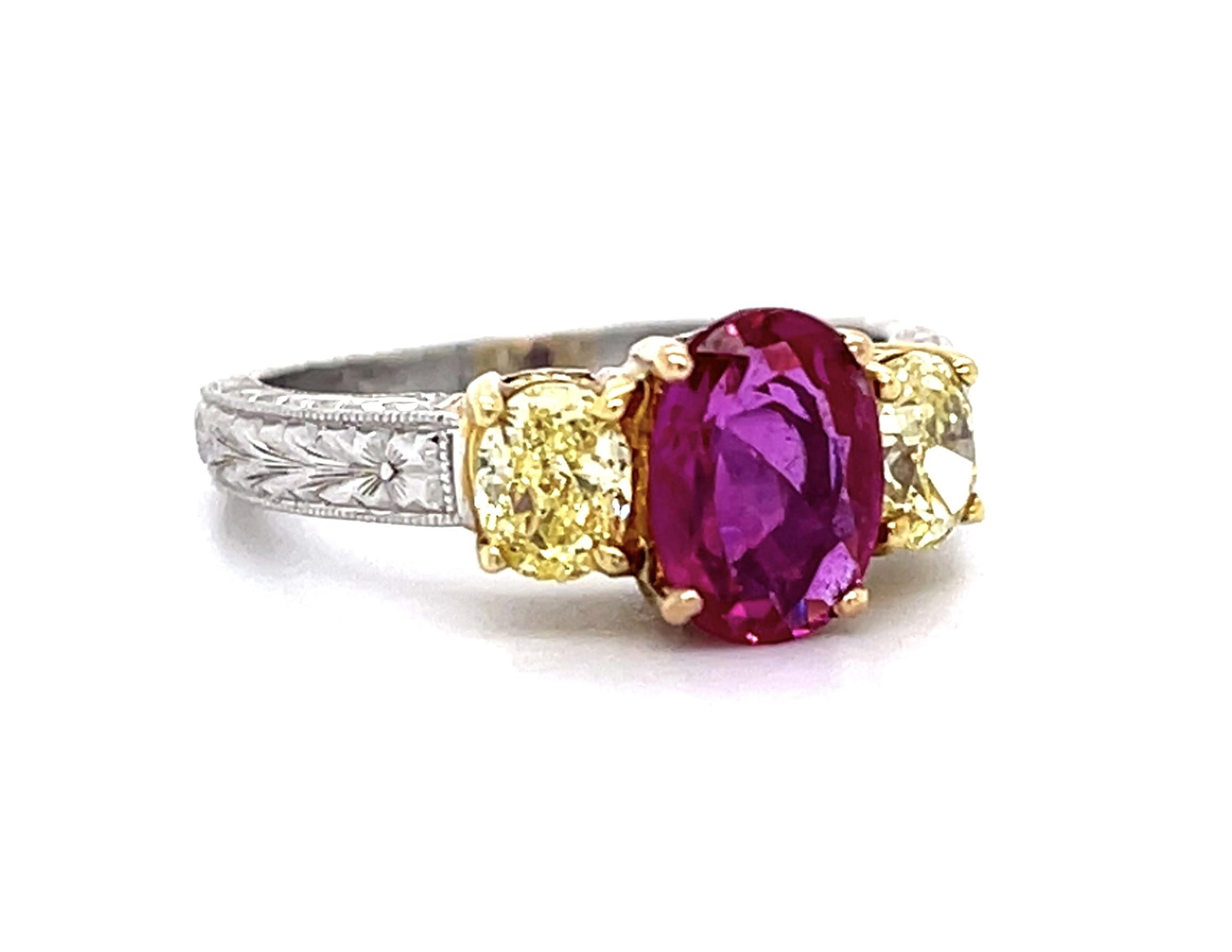 1.33ct Burma Unheated Rby .50ctw Fancy Yellow Dia PT18K 6.90gr Ring # 22055580