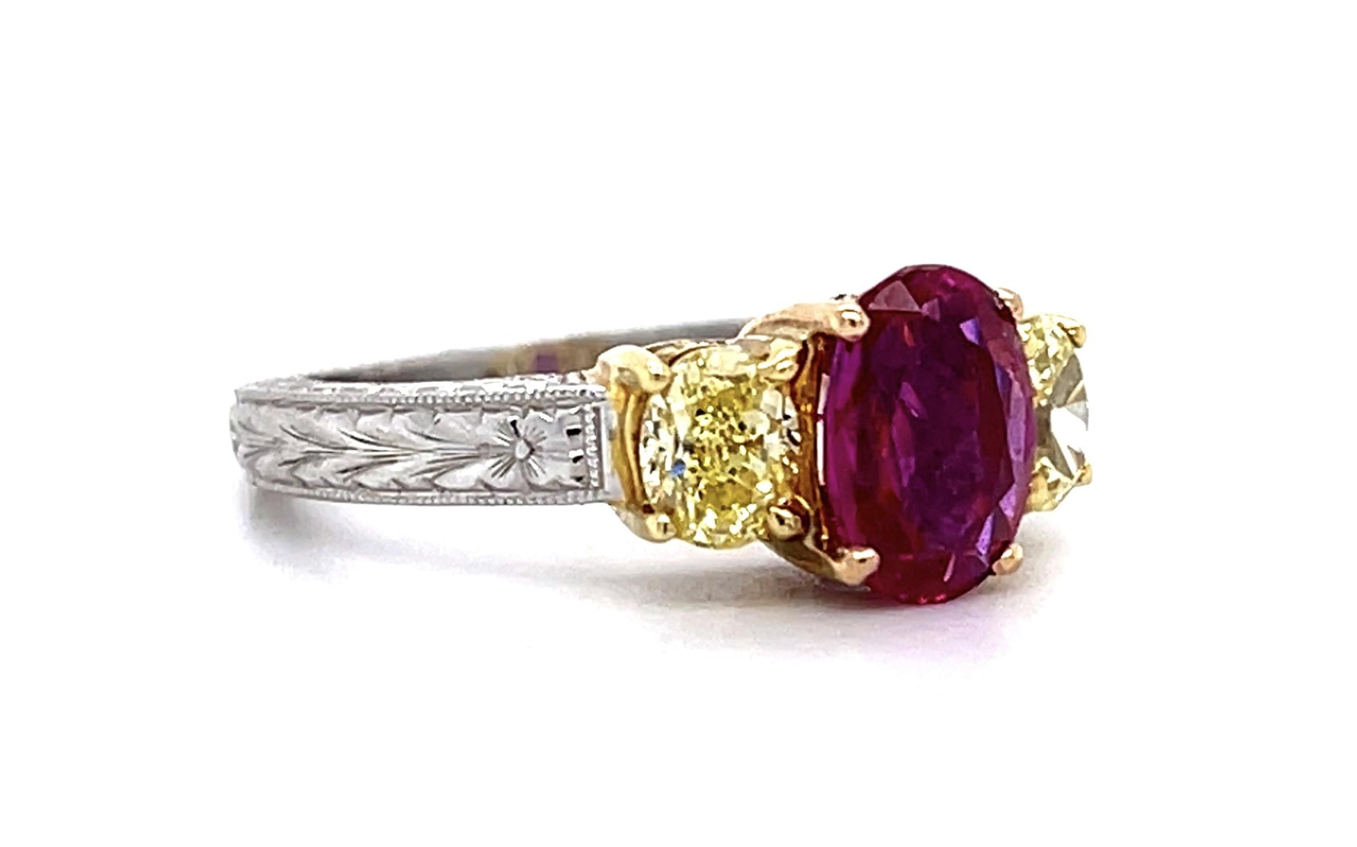 1.33ct Burma Unheated Rby .50ctw Fancy Yellow Dia PT18K 6.90gr Ring # 22055580