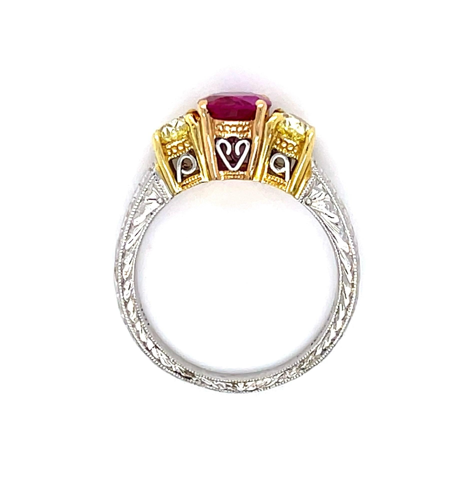 1.33ct Burma Unheated Rby .50ctw Fancy Yellow Dia PT18K 6.90gr Ring # 22055580