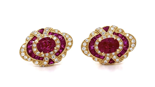 2ct Ruby Centers 1.10ct Diamond 18KY Stud Earrings 2.20ct French-cut Side Rubies