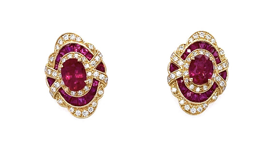 2ct Ruby Centers 1.10ct Diamond 18KY Stud Earrings 2.20ct French-cut Side Rubies