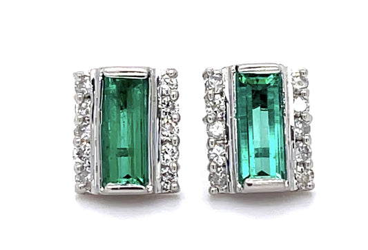 1.03ct Colombian Emerald (No Cert) .40ct Diamond Platinum+14KW Stud Earrings