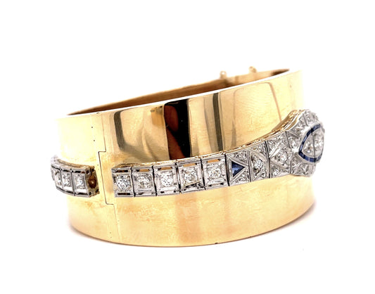 Art Deco 4.25ct Diamond Custom Made PT+14KY Bangle Bracelet Vintage 1920s+1940s