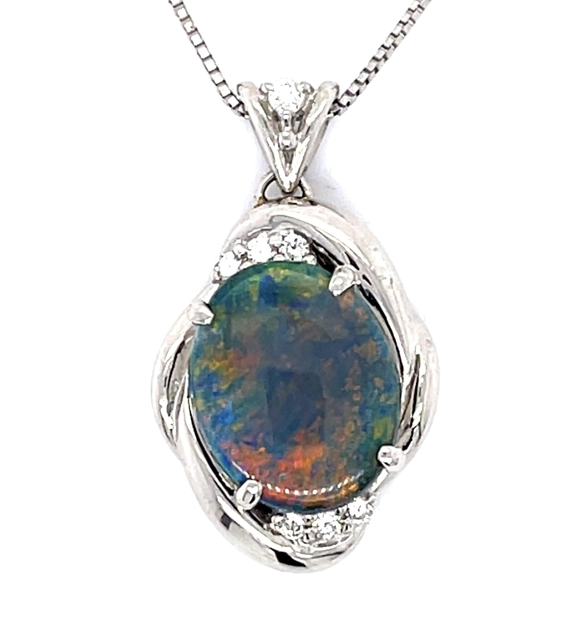 2.93ct Black Australian Opal .13ct Diamond Platinum Pendant 18" Adjustable