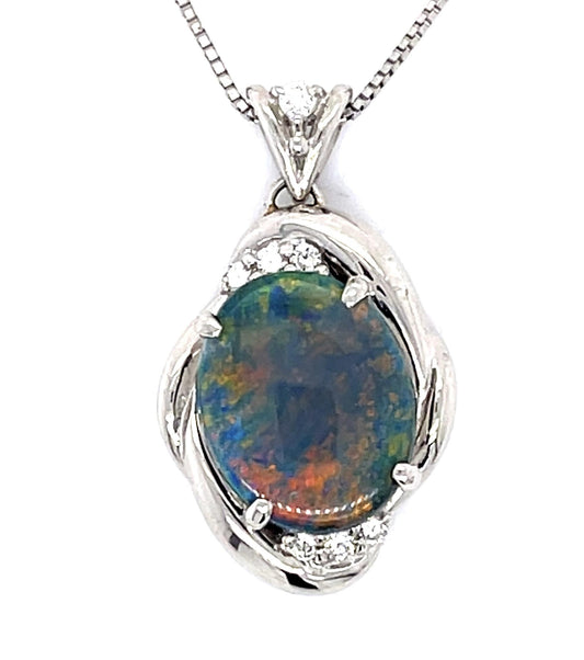 2.93ct Black Australian Opal .13ct Diamond Platinum Pendant 18" Adjustable