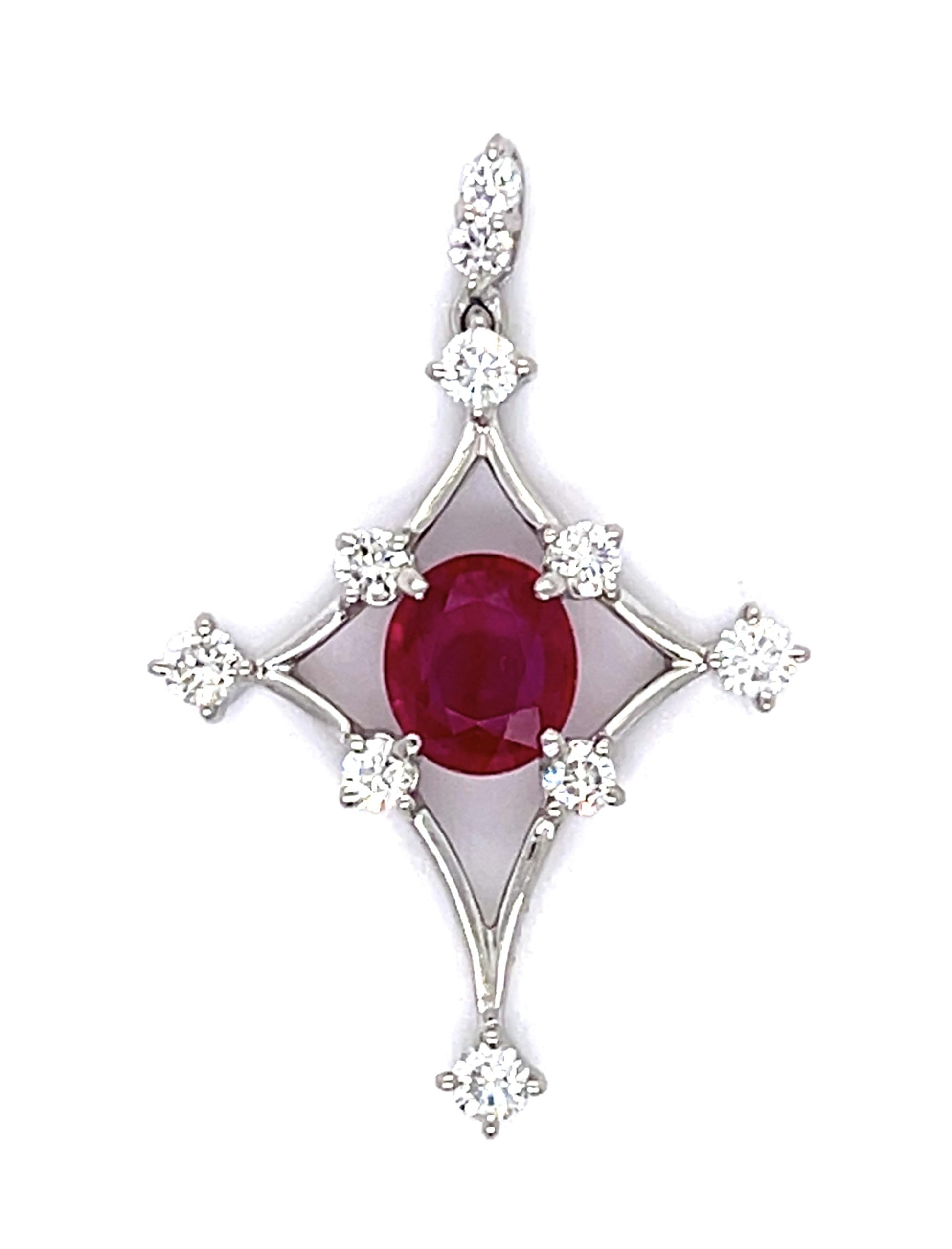1ct Burma Ruby (No Cert) .46ct Diamond Platinum Pendant