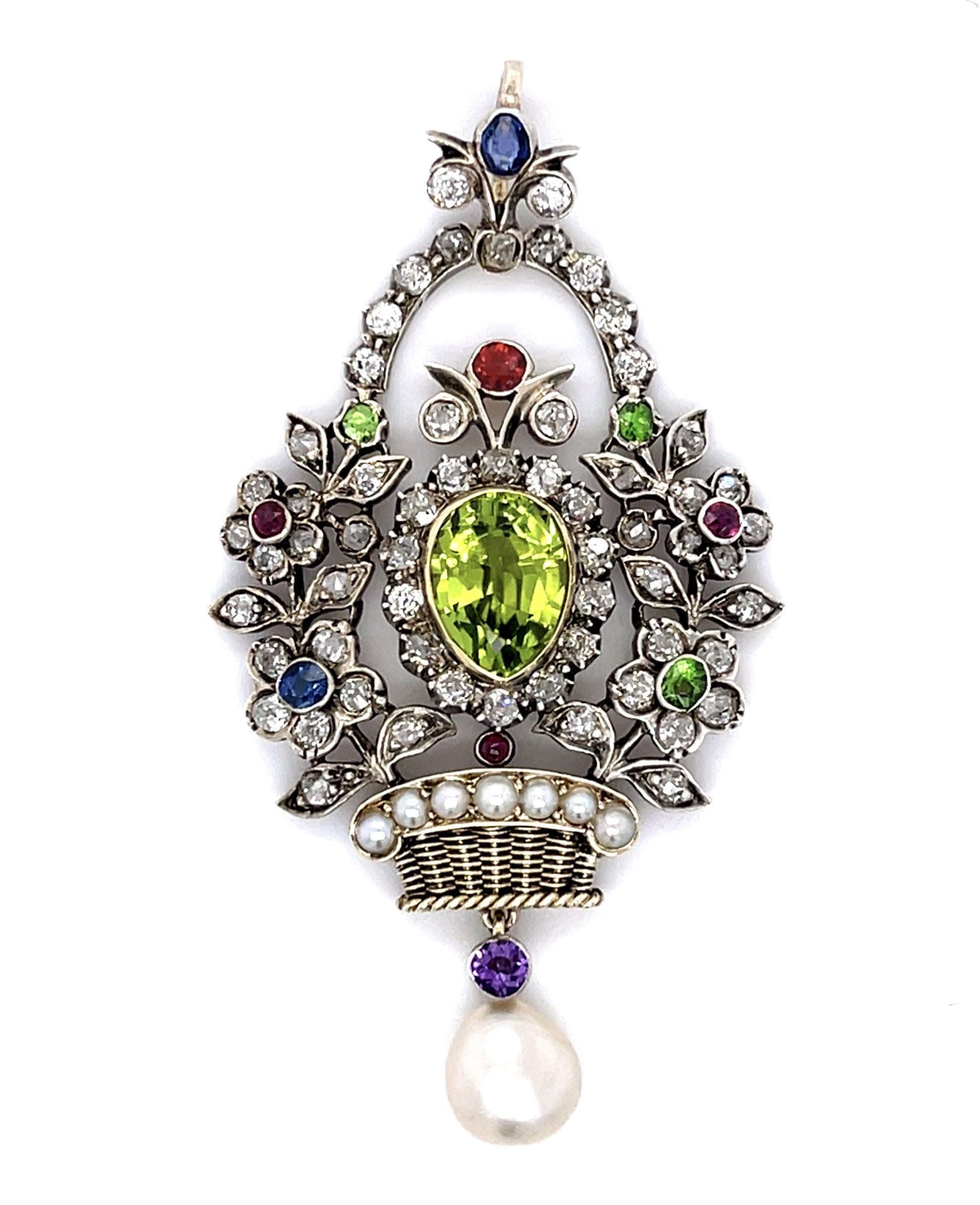 Victorian Giardinetto (Flower Basket) 1.40ct Diamond Silver+14KY Pendant