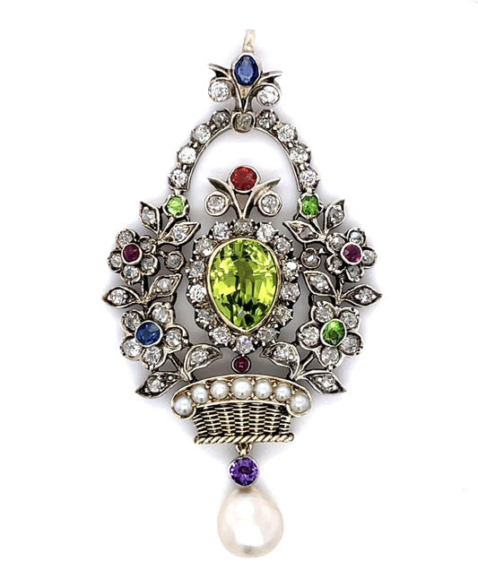 Victorian Giardinetto (Flower Basket) 1.40ct Diamond Silver+14KY Pendant