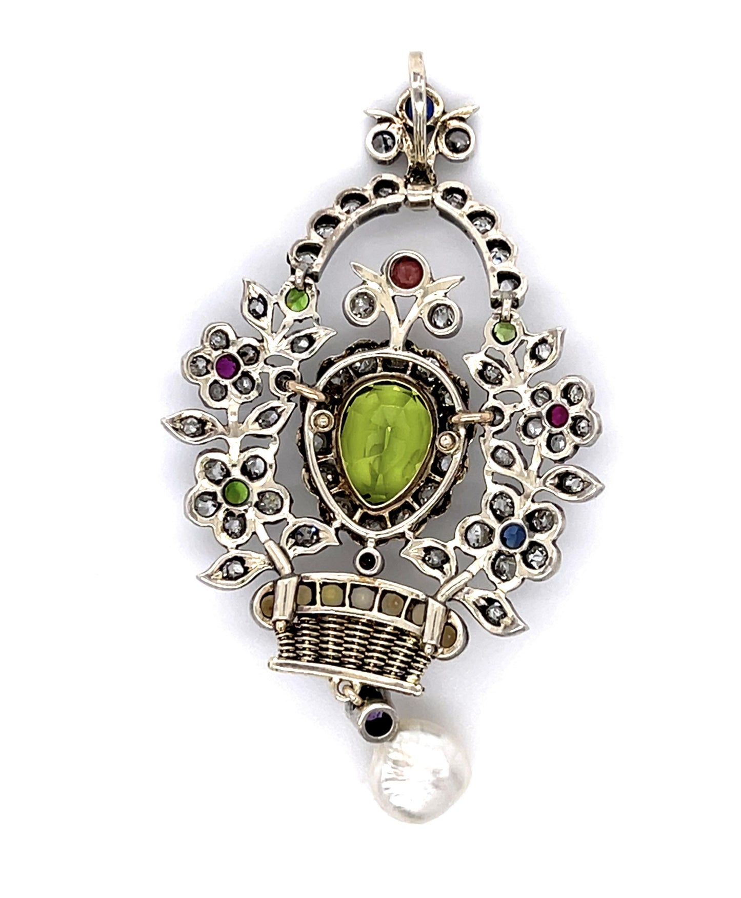 Victorian Giardinetto (Flower Basket) 1.40ct Diamond Silver+14KY Pendant