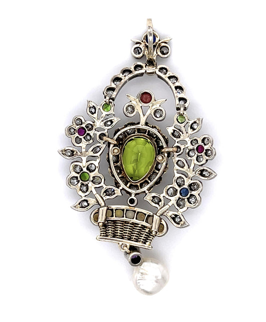 Victorian Giardinetto (Flower Basket) 1.40ct Diamond Silver+14KY Pendant