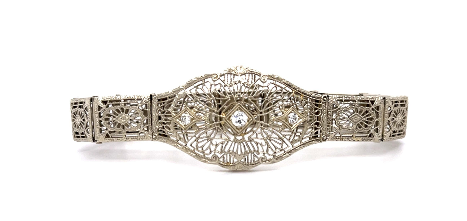 Art Deco .35ct Diamond 14KW Filigree Panel Bracelet (Antique 1920s) 12.8g 6.50"