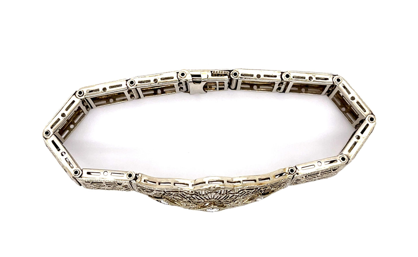 Art Deco .35ct Diamond 14KW Filigree Panel Bracelet (Antique 1920s) 12.8g 6.50"