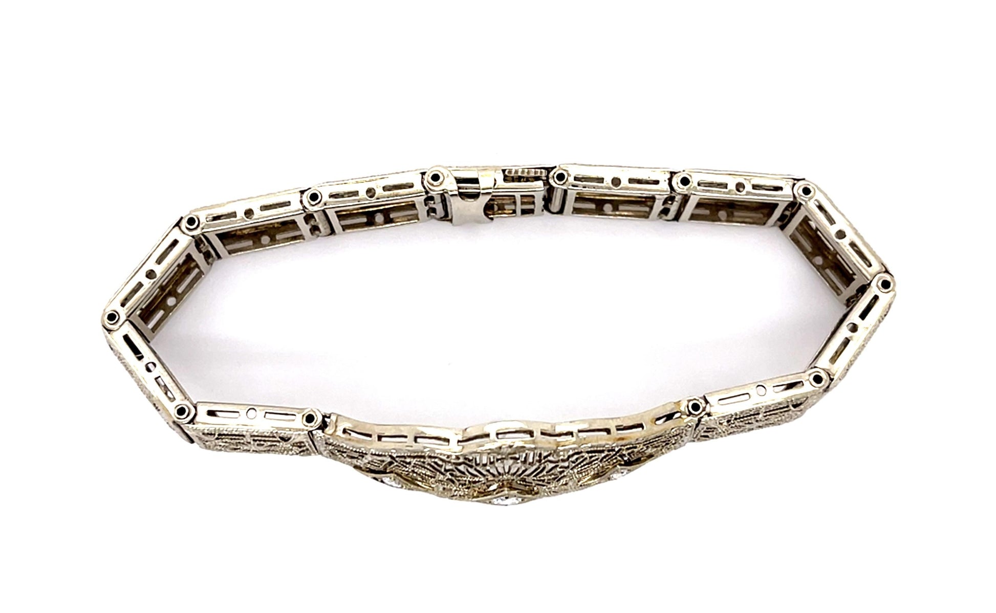 Art Deco .35ct Diamond 14KW Filigree Panel Bracelet (Antique 1920s) 12.8g 6.50"