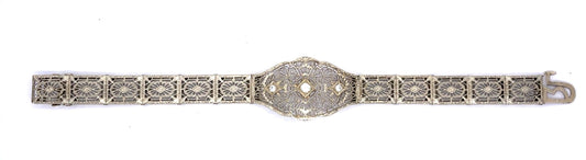 Art Deco .35ct Diamond 14KW Filigree Panel Bracelet (Antique 1920s) 12.8g 6.50"
