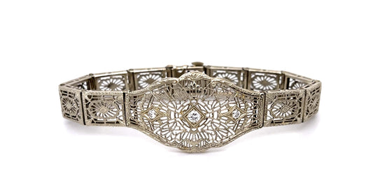 Art Deco .35ct Diamond 14KW Filigree Panel Bracelet (Antique 1920s) 12.8g 6.50"