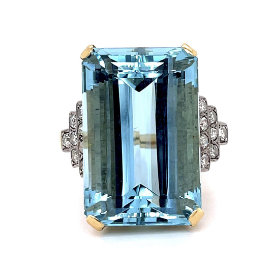 Retro 38.20ct Aquamarine .46ct Diamond 18KY Ring (Vintage 1940s)