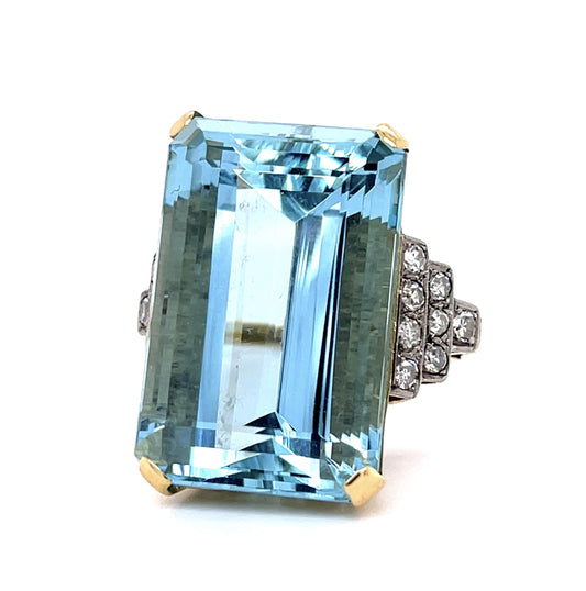 Retro 38.20ct Aquamarine .46ct Diamond 18KY Ring (Vintage 1940s)