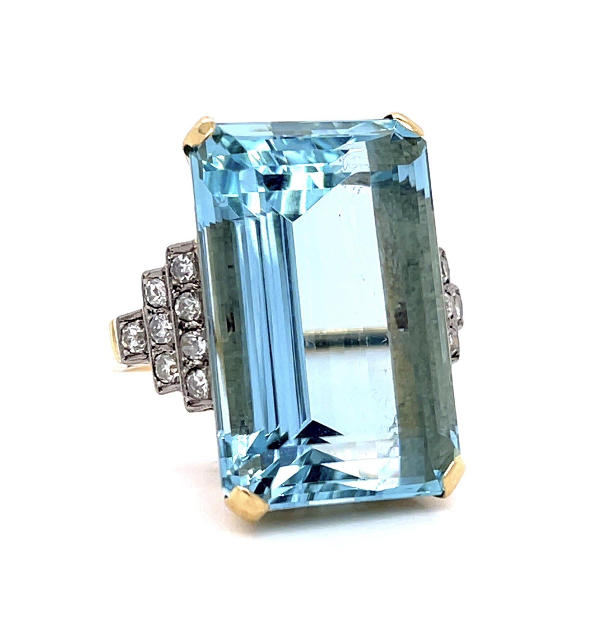 Retro 38.20ct Aquamarine .46ct Diamond 18KY Ring (Vintage 1940s)
