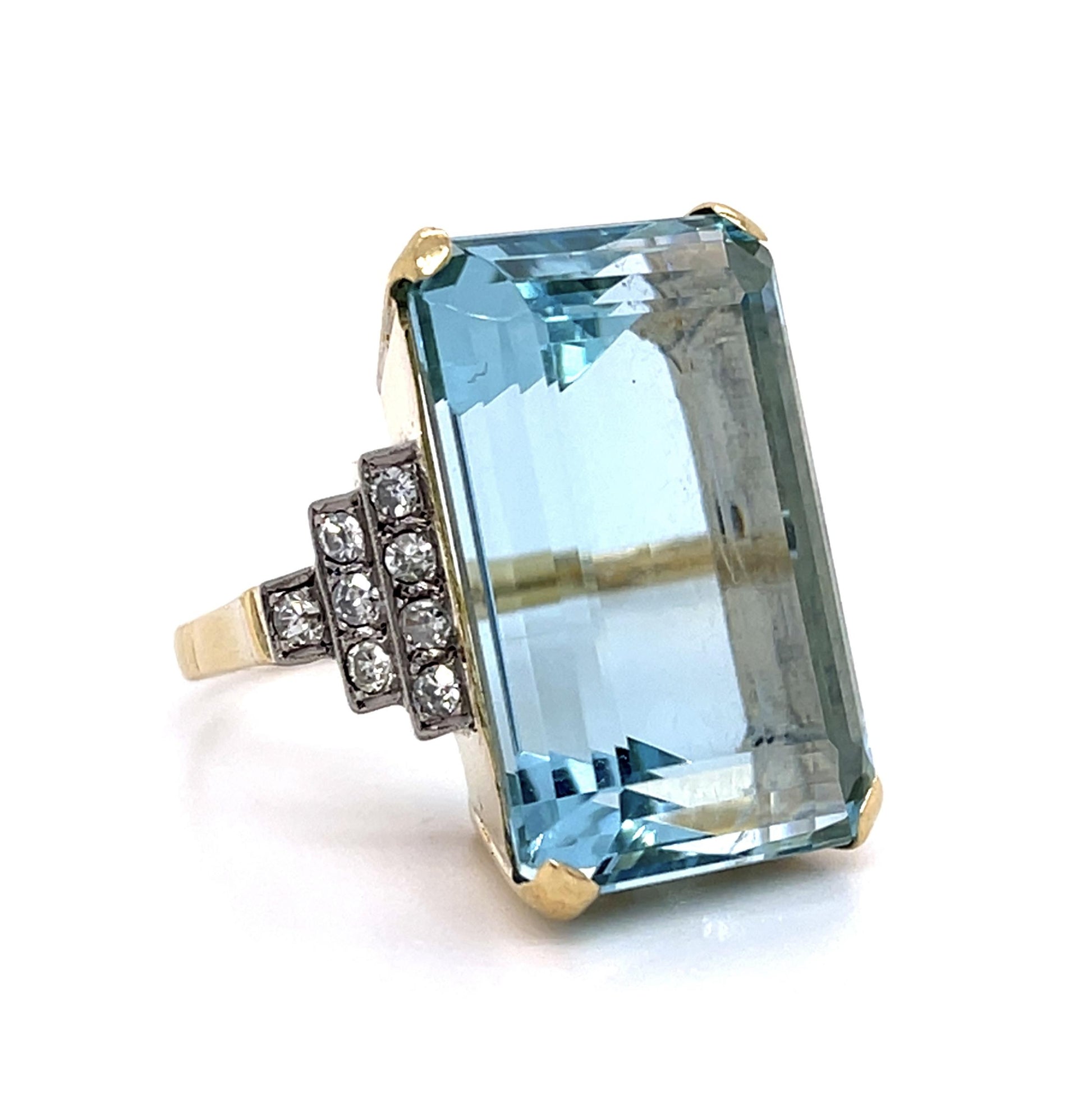 Retro 38.20ct Aquamarine .46ct Diamond 18KY Ring (Vintage 1940s)