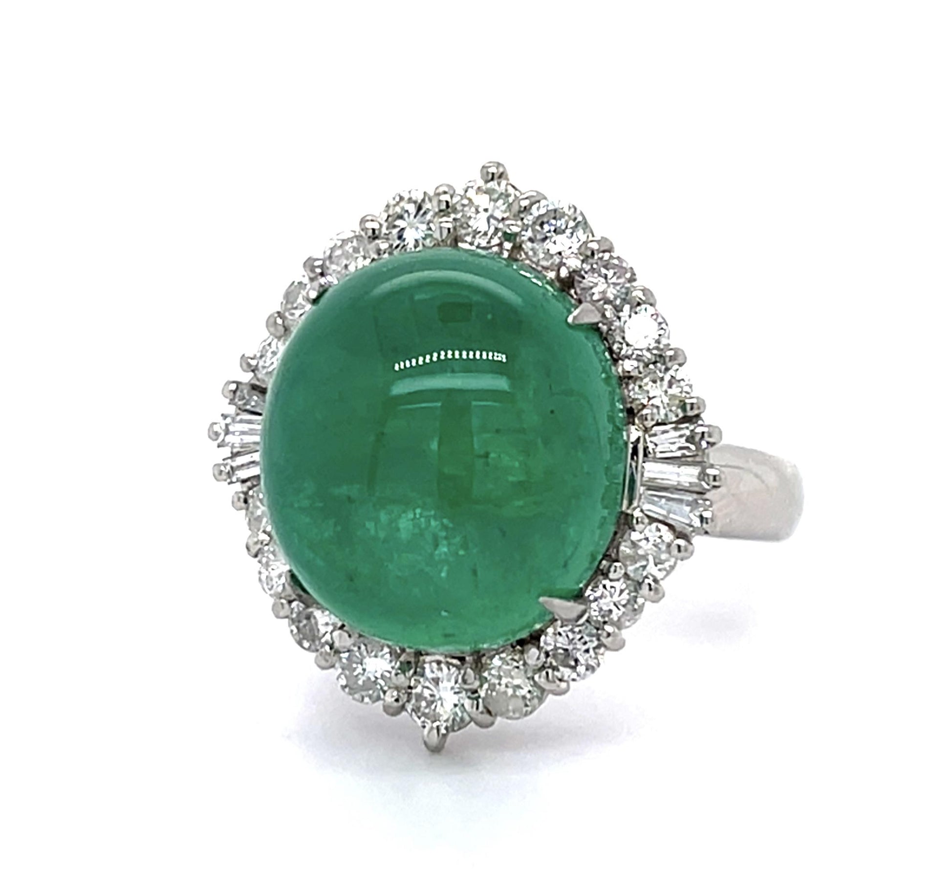 13.83ct Cabochon Emerald 1.22ct Diamond Platinum Ring (Estate 1960s)