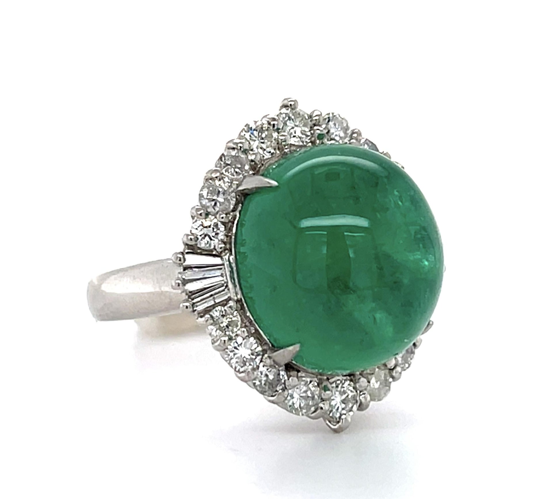 13.83ct Cabochon Emerald 1.22ct Diamond Platinum Ring (Estate 1960s)