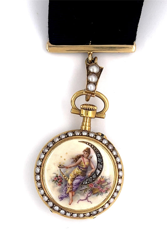 Original Victorian Enamel Lady on a Crescent Moon 14KY Watch/Necklace/Pendant