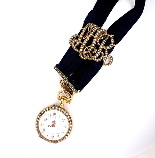 Original Victorian Enamel Lady on a Crescent Moon 14KY Watch/Necklace/Pendant