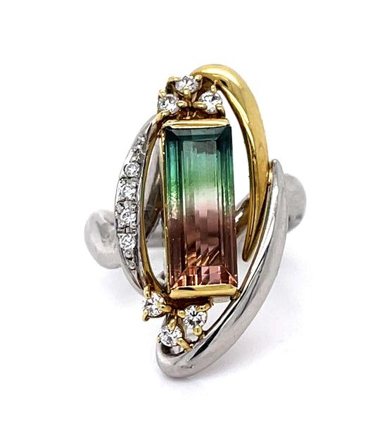 PL18KY Bicolor Tourmaline &  Diamond Ring 12gr 4.98ct(tm) 0.24ct twt(dia)