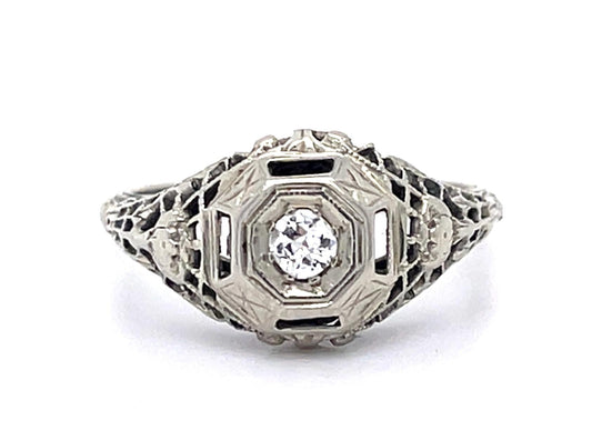 Art Deco .10ct Diamond 14KY White Gold 2.70gr Ring Circa 1920s Size 5.50