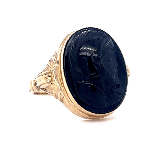 10KY Victorian Carved Intaglio Conquistador Ring 1890s ESTATE  Size 6.50