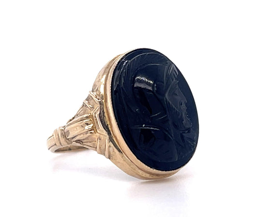 10KY Victorian Carved Intaglio Conquistador Ring 1890s ESTATE  Size 6.50