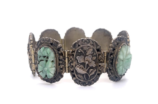 Silver Carved Jade Bracelet 30.4gr Circa 1940s ESTATE Length 6.50
