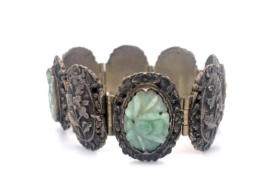 Silver Carved Jade Bracelet 30.4gr Circa 1940s ESTATE Length 6.50
