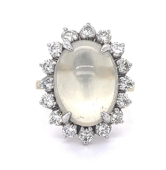 9.06ct Moonstone 1.60ct Diamonds 18KY Two Tone Vintage Ring (Circa 1960s)