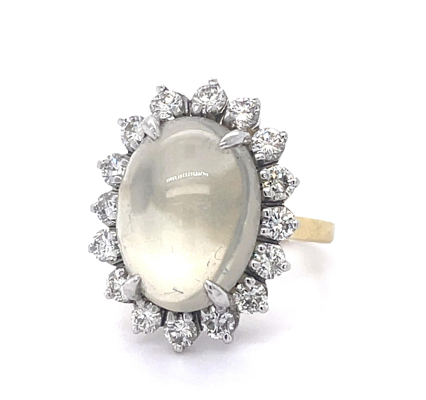 9.06ct Moonstone 1.60ct Diamonds 18KY Two Tone Vintage Ring (Circa 1960s)