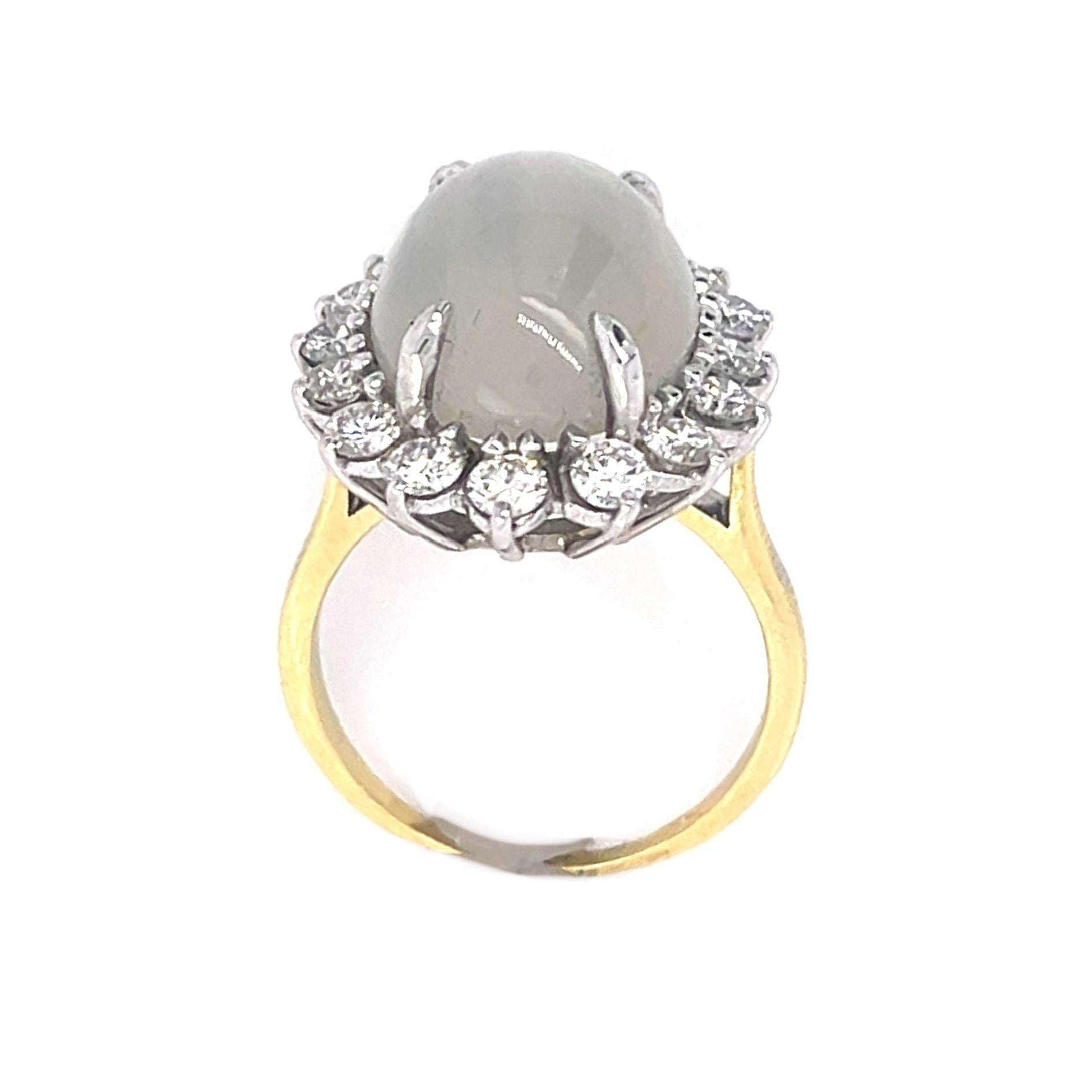 9.06ct Moonstone 1.60ct Diamonds 18KY Two Tone Vintage Ring (Circa 1960s)