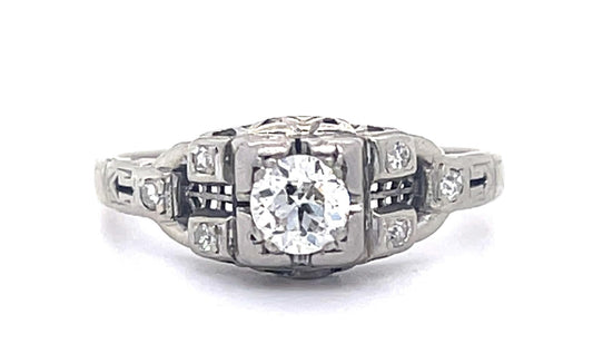 Art Deco .37ct Old Euro Dia 18KW Ring (Vintage 1930s) .06ct SD