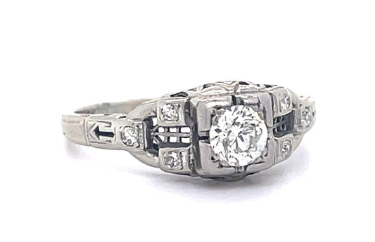 Art Deco .37ct Old Euro Dia 18KW Ring (Vintage 1930s) .06ct SD