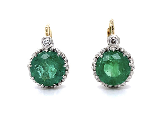 Art Deco 3.86ct Emerald .08ct Diamond PT+14KY Earrings (Vintage 1930s) .08ct Dia