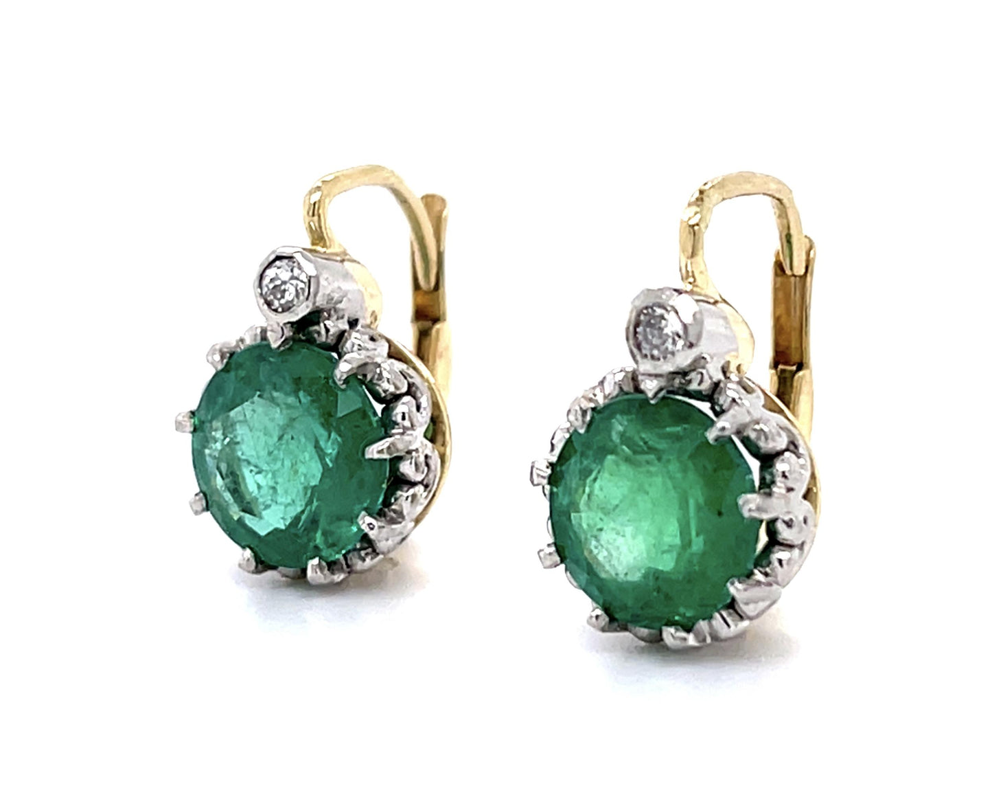 Art Deco 3.86ct Emerald .08ct Diamond PT+14KY Earrings (Vintage 1930s) .08ct Dia