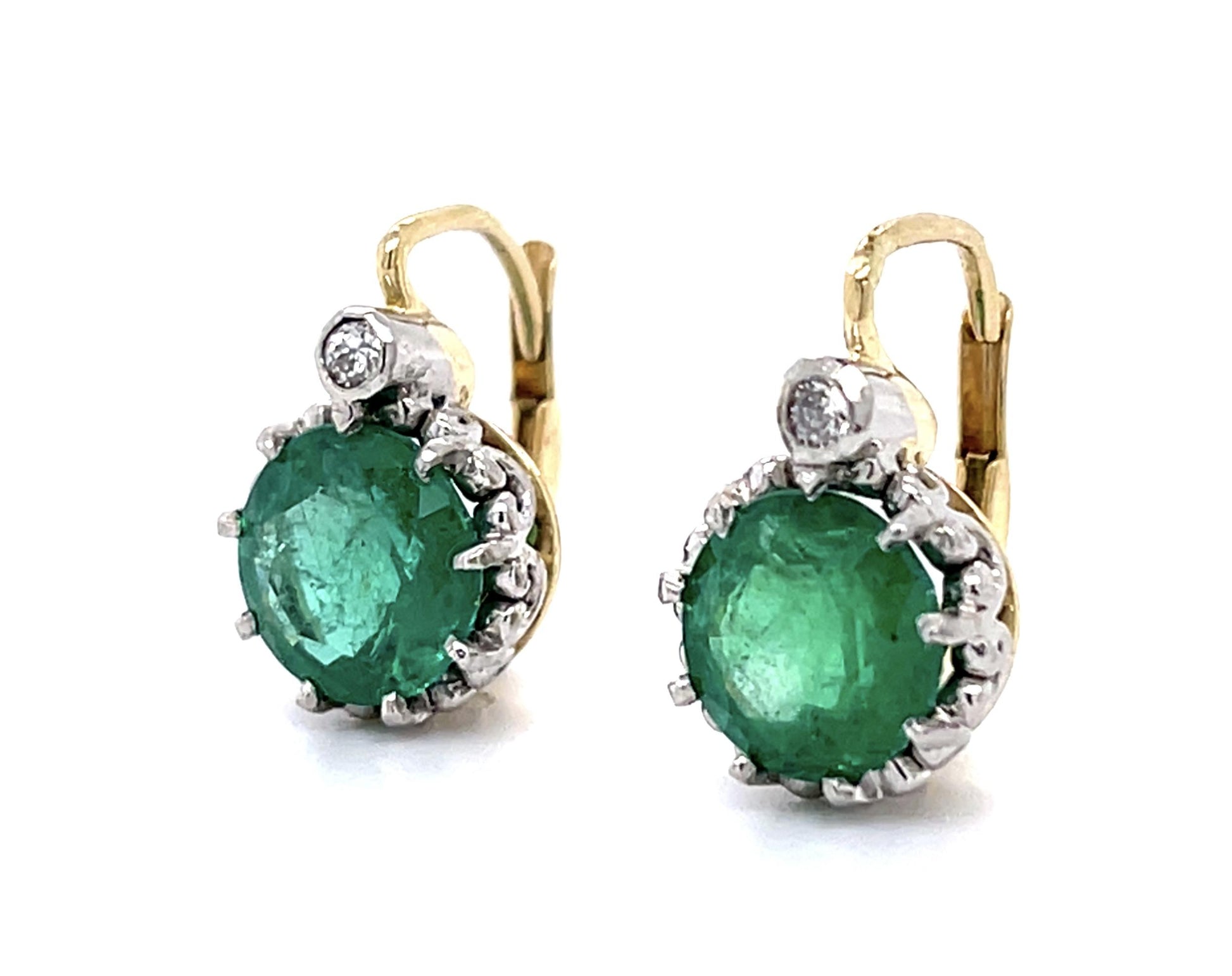Art Deco 3.86ct Emerald .08ct Diamond PT+14KY Earrings (Vintage 1930s) .08ct Dia