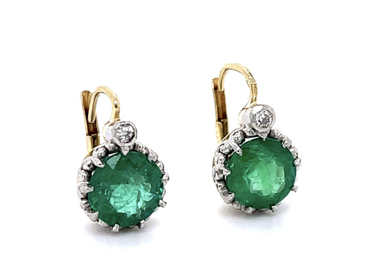 Art Deco 3.86ct Emerald .08ct Diamond PT+14KY Earrings (Vintage 1930s) .08ct Dia