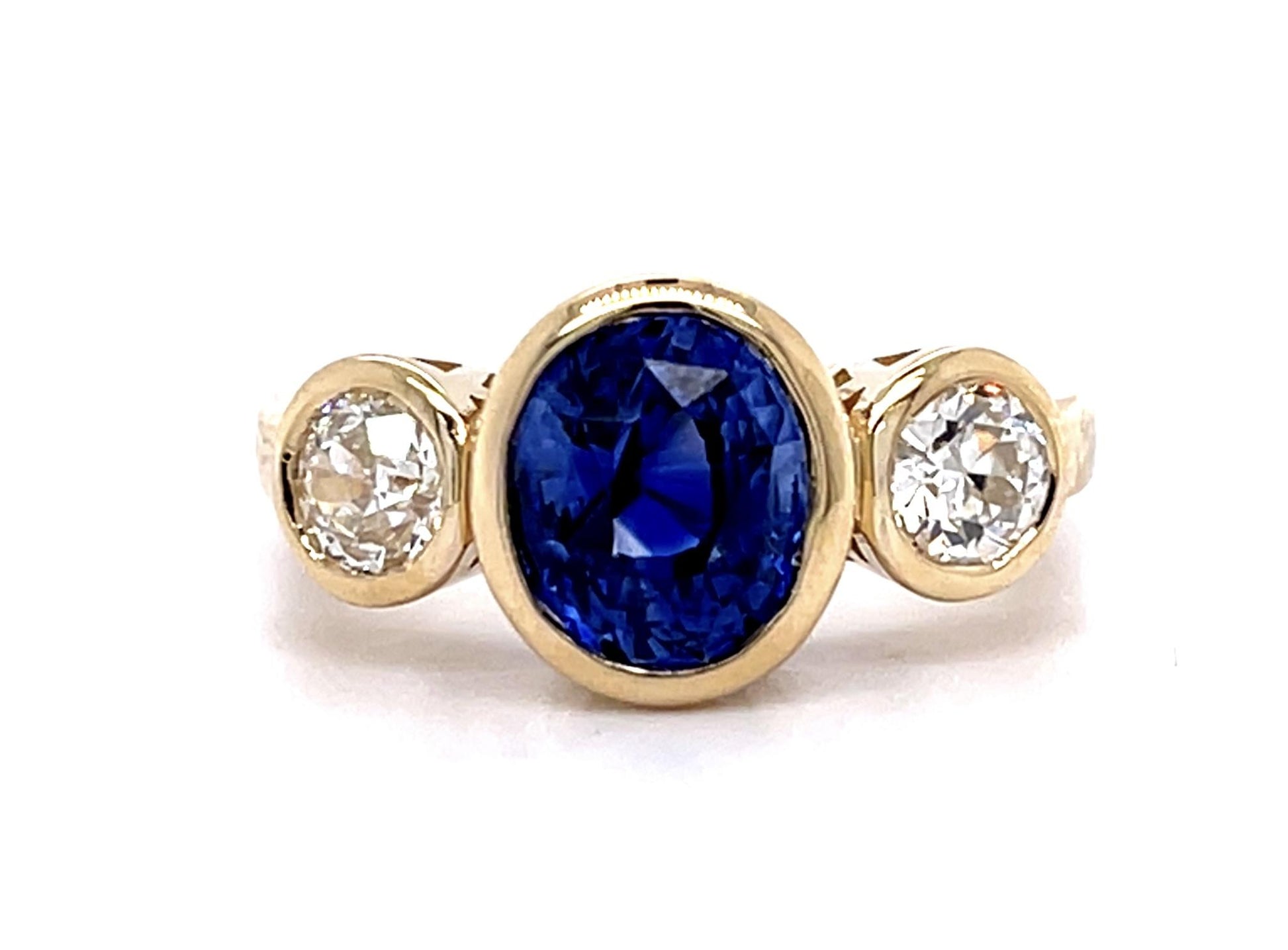 2.89ct Sapphire .69ct Old European Dia 14KY Three Stone Ring 5.31g 6.50 Size