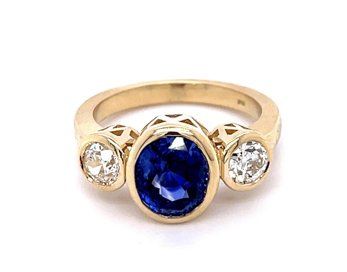 2.89ct Sapphire .69ct Old European Dia 14KY Three Stone Ring 5.31g 6.50 Size
