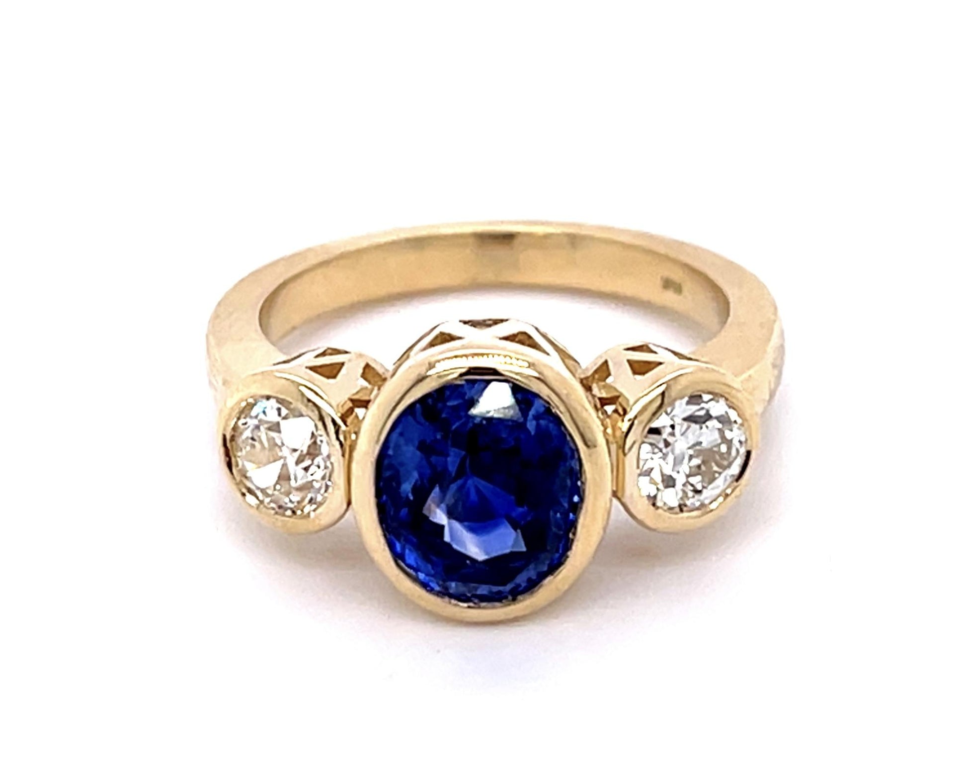 2.89ct Sapphire .69ct Old European Dia 14KY Three Stone Ring 5.31g 6.50 Size