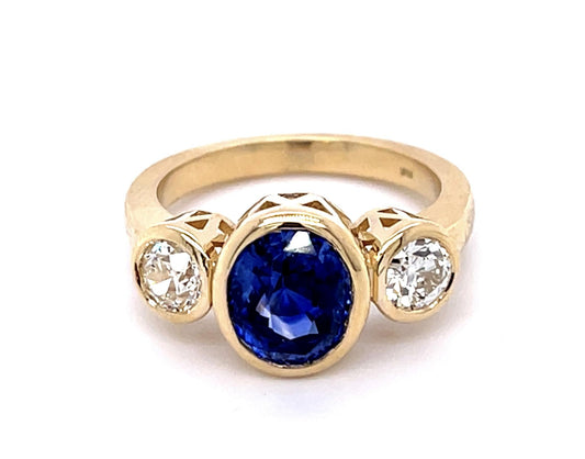 2.89ct Sapphire .69ct Old European Dia 14KY Three Stone Ring 5.31g 6.50 Size