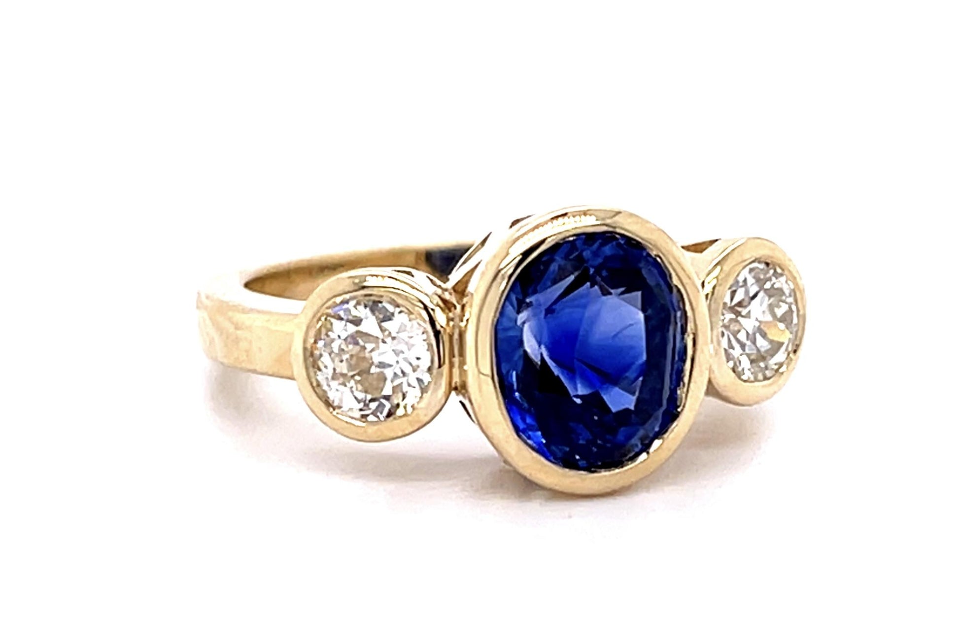 2.89ct Sapphire .69ct Old European Dia 14KY Three Stone Ring 5.31g 6.50 Size